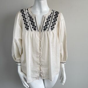 Wonderly Women's L Cottage Boho Coastal Embroidered Peasant Top Blouse Puff Slee